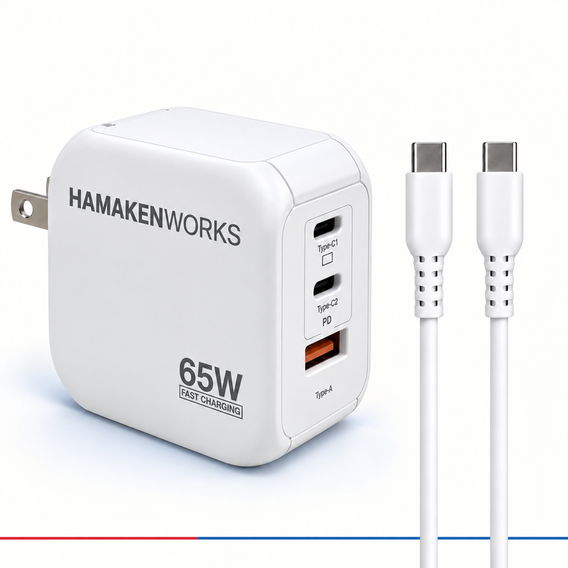 65W対応 3ポート GaN AC充電器 USB-C×2 USB-A×1(USB-Cケーブル付属)