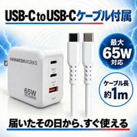 65W対応 3ポート GaN AC充電器 USB-C×2 USB-A×1（USB-Cケーブル付属）