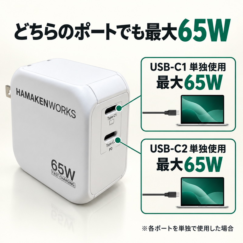 65W対応 2ポート GaN AC充電器 USB-C×2（USB-Cケーブル付属）