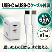65W対応 2ポート GaN AC充電器 USB-C×2（USB-Cケーブル付属）
