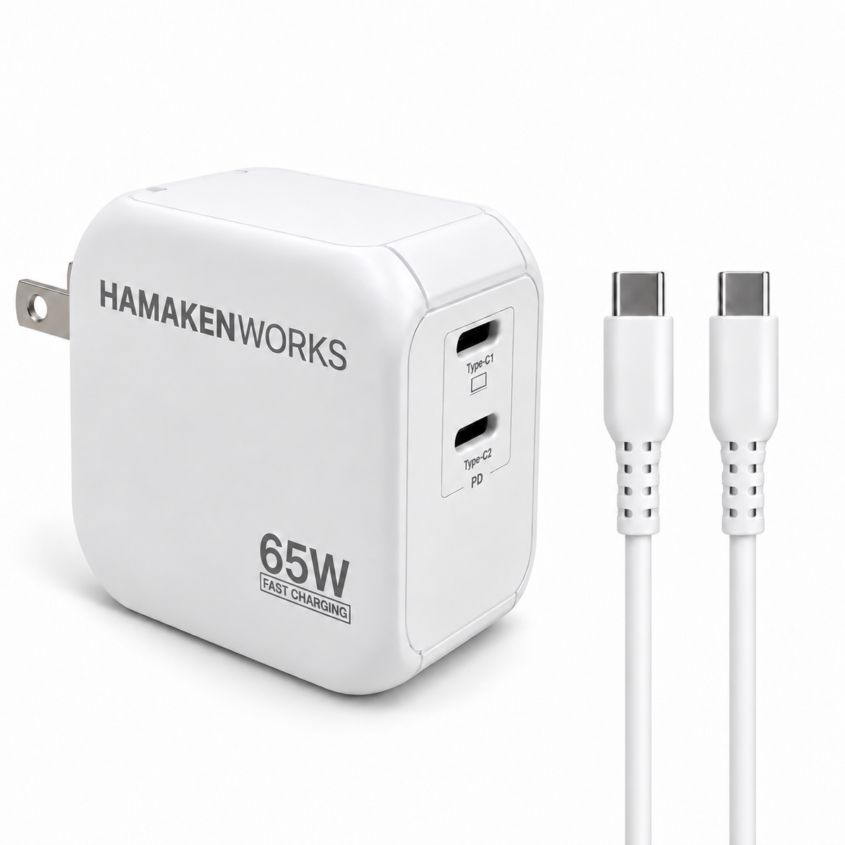 65W対応 2ポート GaN AC充電器 USB-C×2（USB-Cケーブル付属）