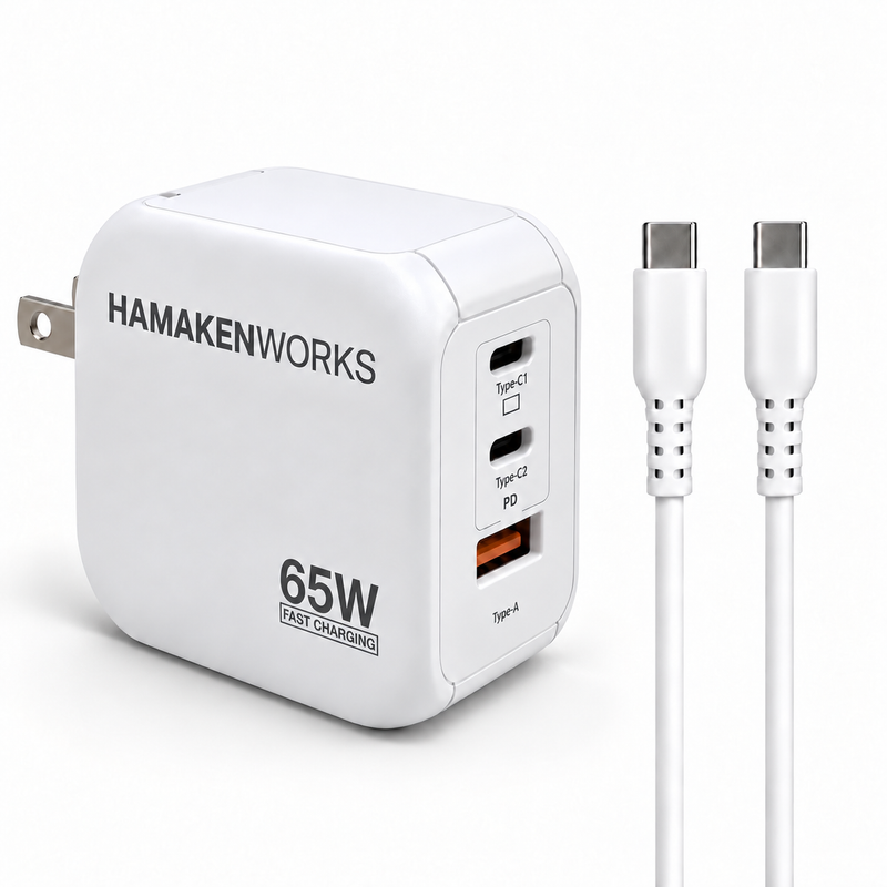65W対応 3ポート GaN AC充電器 USB-C×2 USB-A×1（USB-Cケーブル付属）