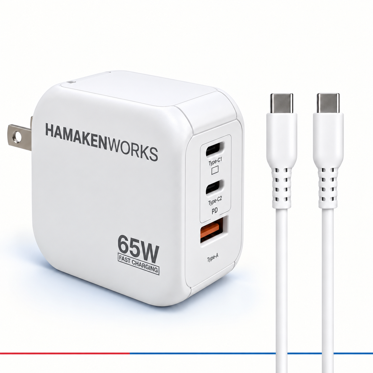 65W対応 3ポート GaN AC充電器 USB-C×2 USB-A×1（USB-Cケーブル付属）